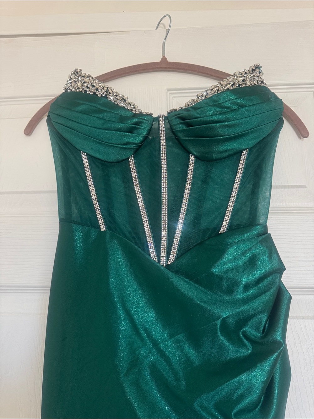 Red Dress Boutique Emerald Green Strapless Evening Gown with Crystal Trim